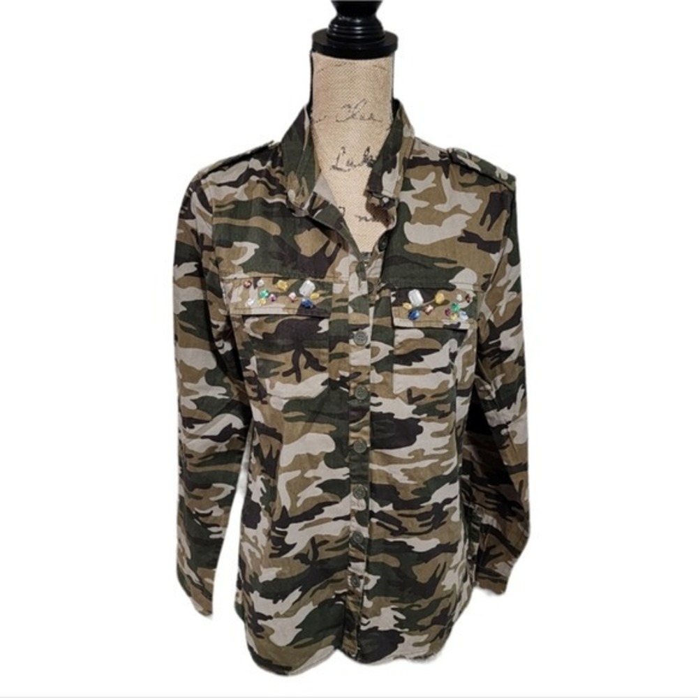 Iris Camouflage Jewel Embellished 100% Cotton Shirt Size Medium‎ New!